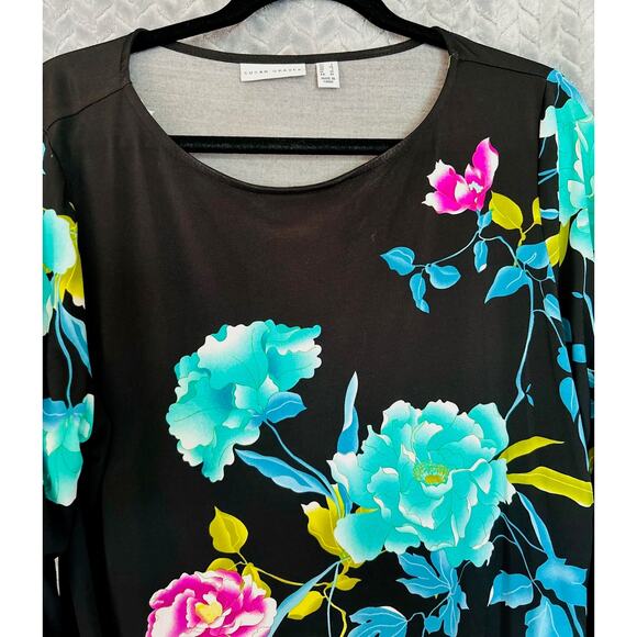 Susan Graver Liquid Knit Black & Aqua Floral Top Sheer Bell Sleeve Dressy Party - Picture 2 of 6